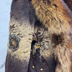 Vintage Brown Y2K Mixed-Media Embellished Real Fur & Leather Jacket