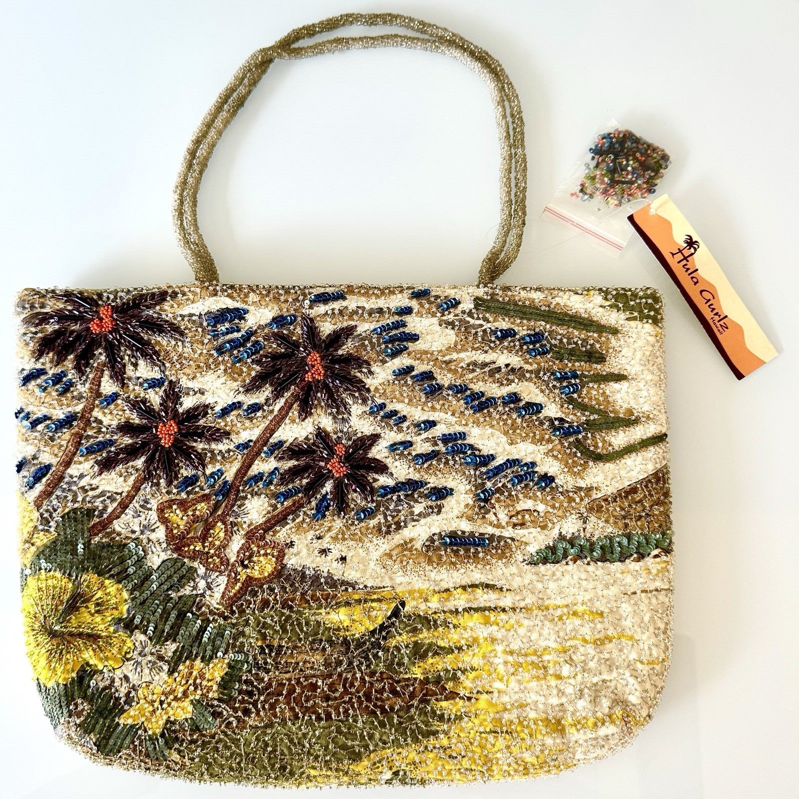 VTG Beaded Purse Hawaii Tiki Hut Palm Tree Luau Hula Shoulder Bag New With Tags