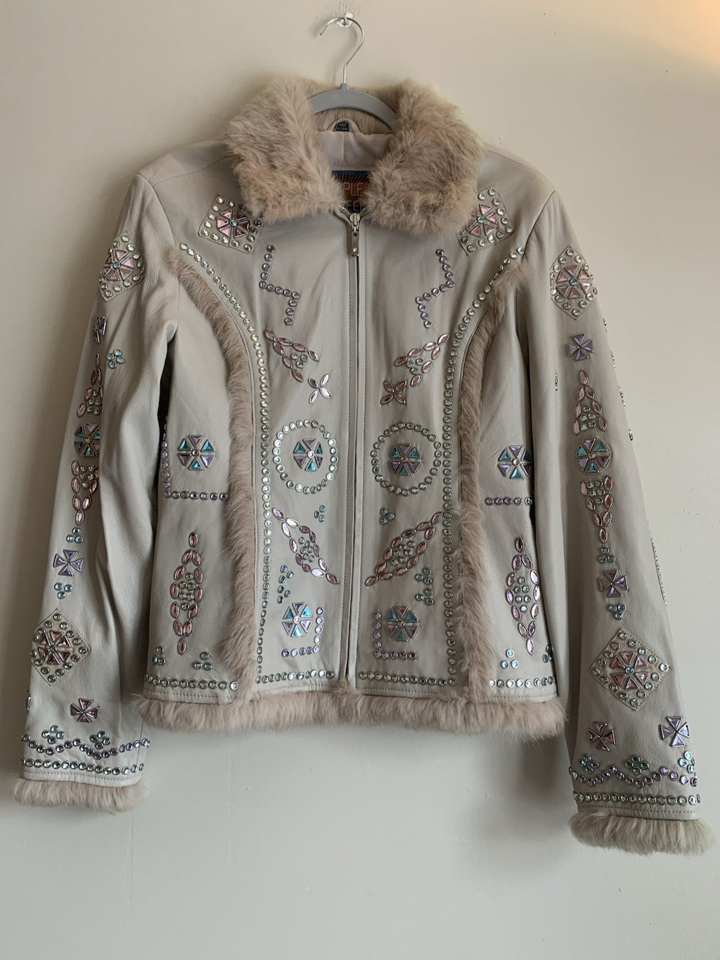 Cripple Creek Bedazzled Leather Jacket Beige Large