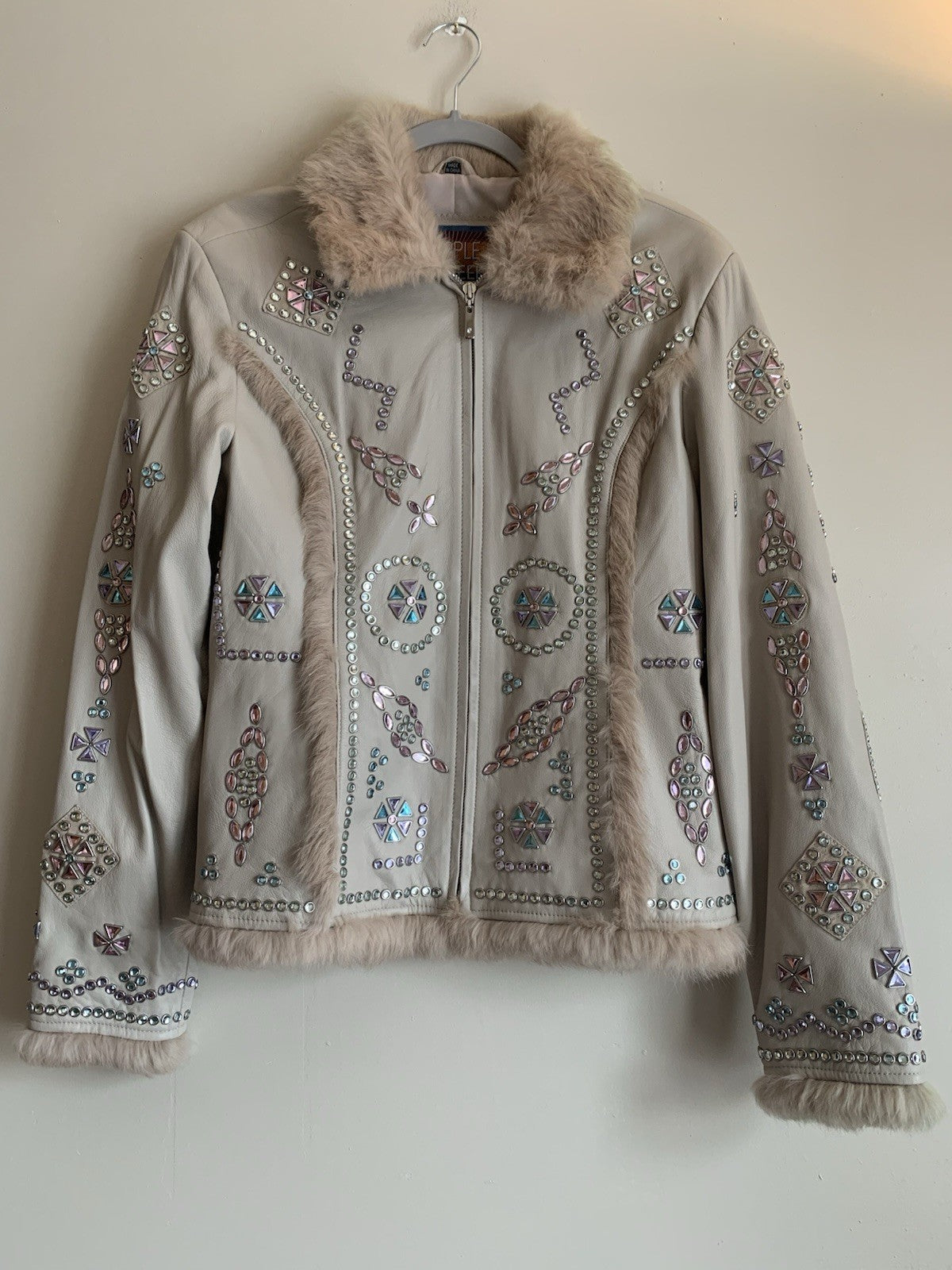 Cripple Creek Bedazzled Leather Jacket Beige Large