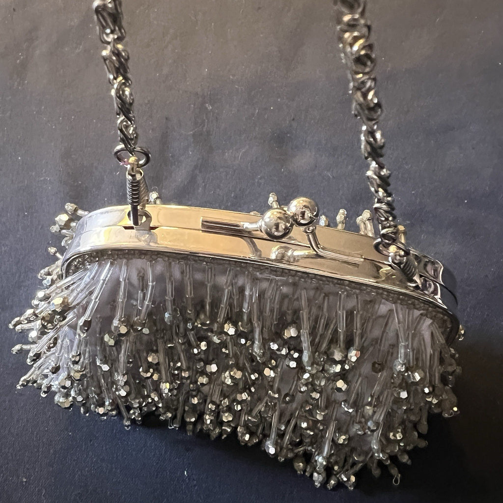 Vintage Silver Beaded Shoulder Bag Chain Strap Kiss Lock Evening Purse Clutch