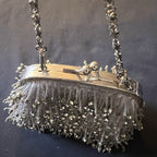 Vintage Silver Beaded Shoulder Bag Chain Strap Kiss Lock Evening Purse Clutch