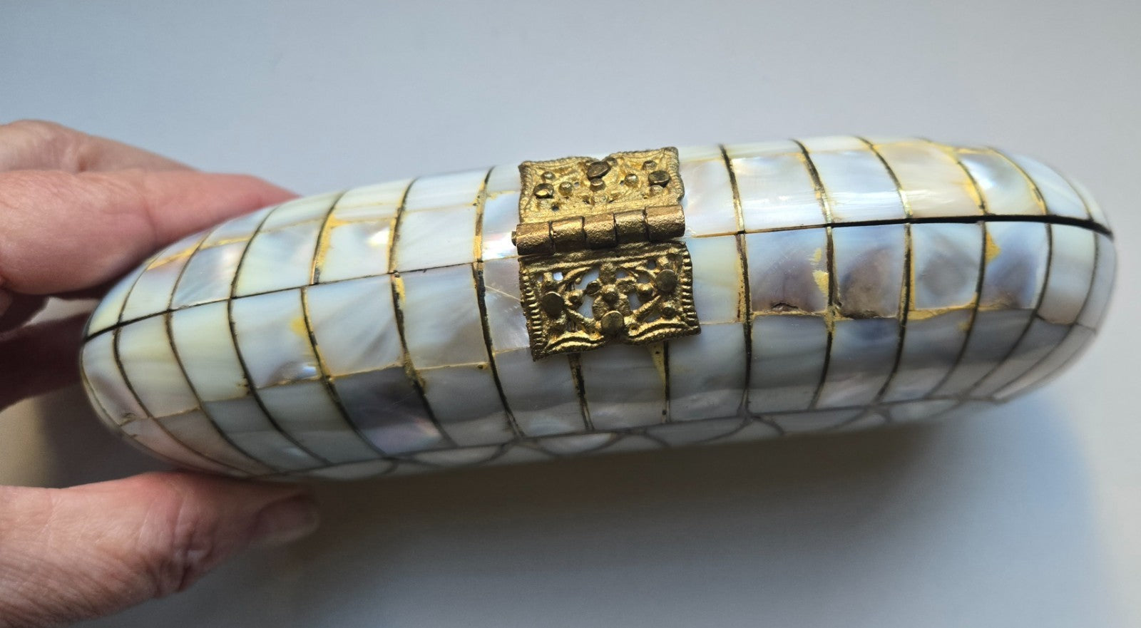 REAL Vintage Mother of Pearl Clutch Purse 50S Kidney Shape Filigree Brass Clasp