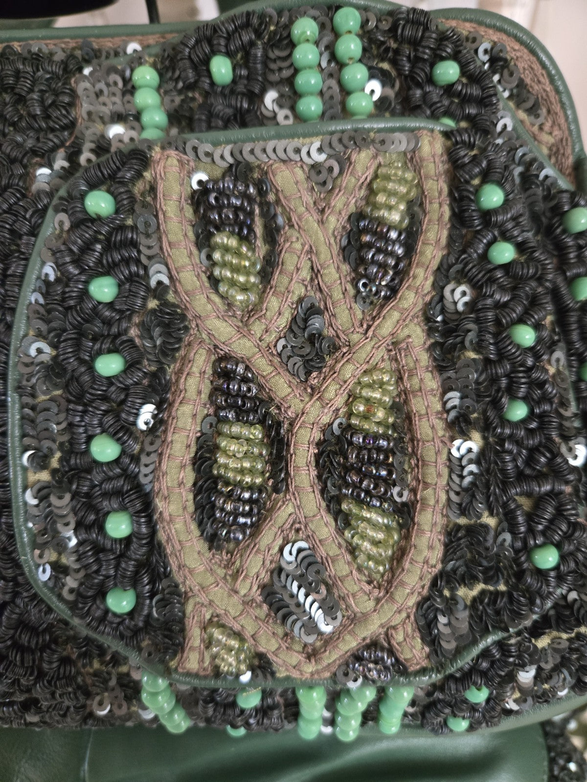 Jamin Puech Paris Beaded Sequin Leather Shoulder Bag Green