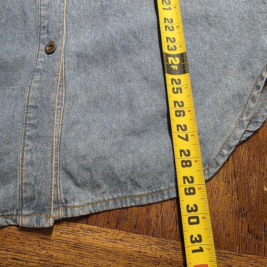 VTG Womens Denim Shirt Western Leather Lace Up Collar Pockets Long Sleeve M