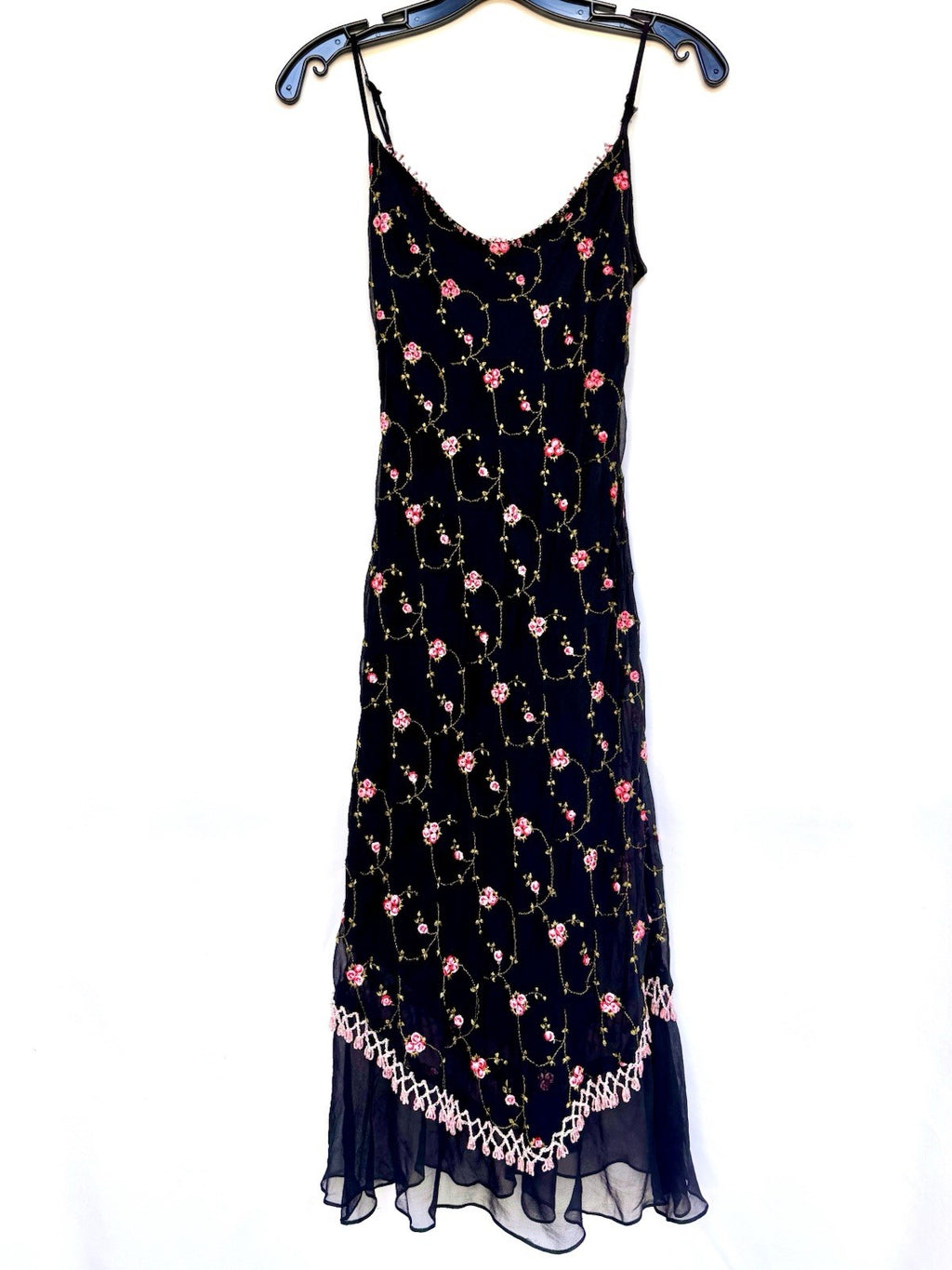 Betsey Johnson Silk Slip Dress Babydoll Black With Pink Roses Beaded Y2K Rare