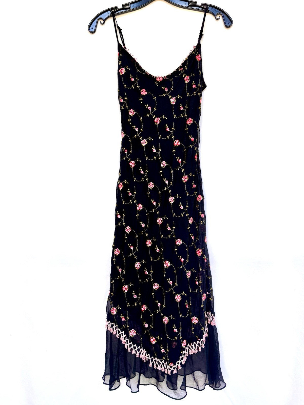 Betsey Johnson Silk Slip Dress Babydoll Black With Pink Roses Beaded Y2K Rare