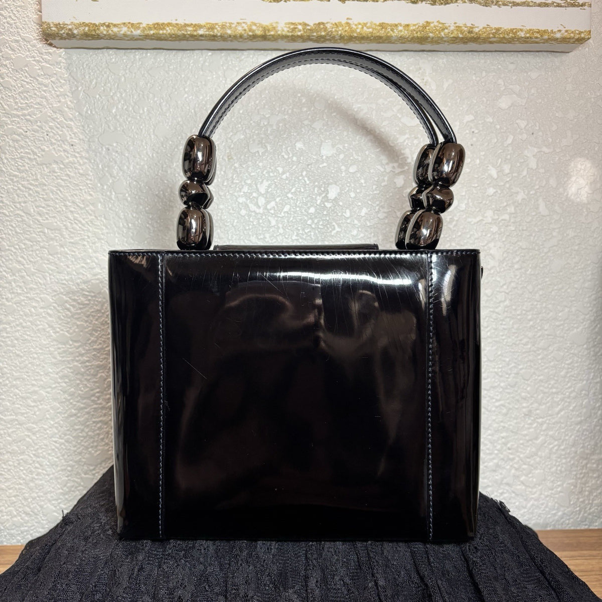 Auth Christian Dior Vintage 1999 Malice Pearl Bag Black Patent Leather Gunmetal