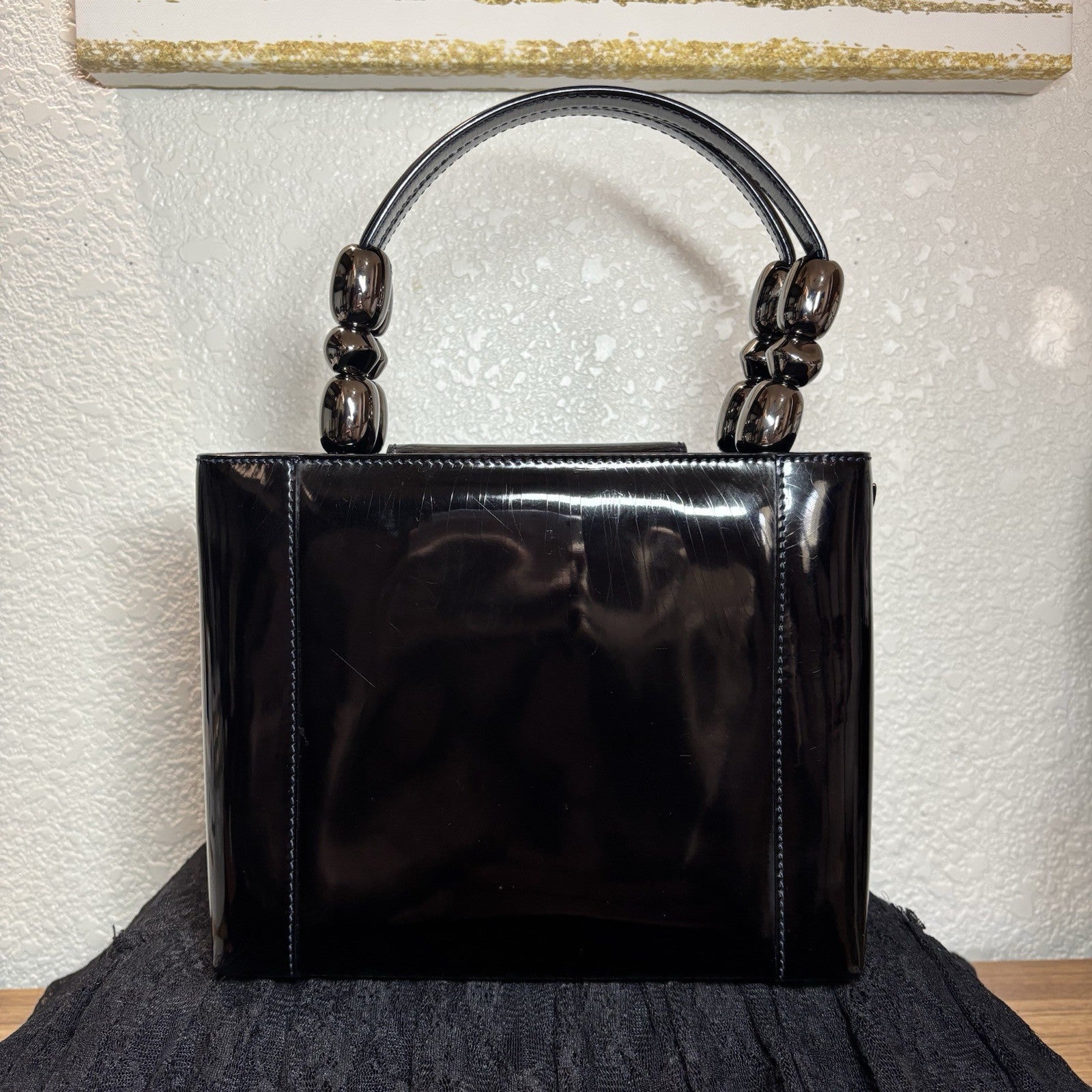 Auth Christian Dior Vintage 1999 Malice Pearl Bag Black Patent Leather Gunmetal