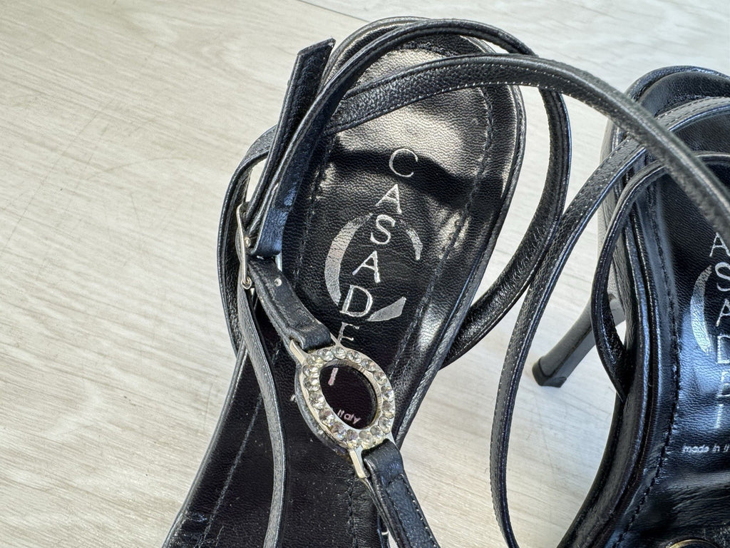 Vintage Casadei Black Leather Strappy Rhinestone Heel - Women's Size 6.5