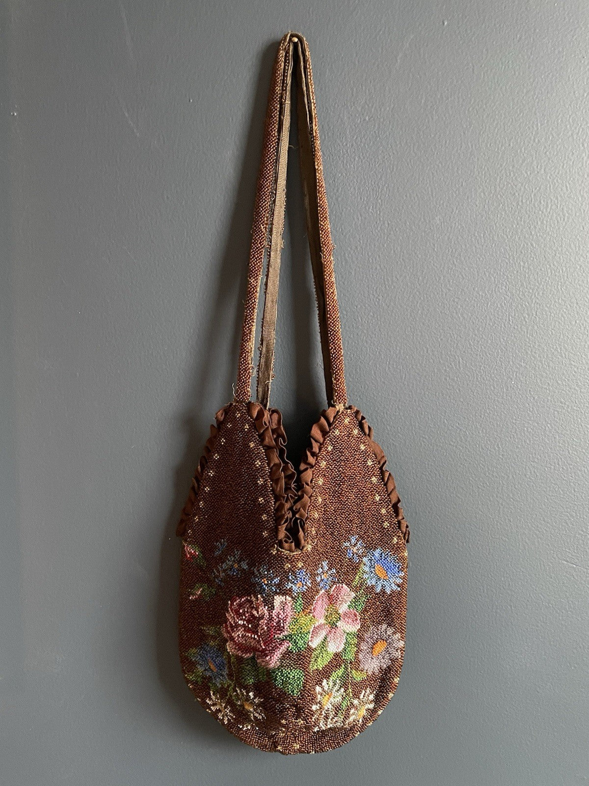 Antique Glass Seed Beaded Silk Lined Pouch Purse Floral Brown