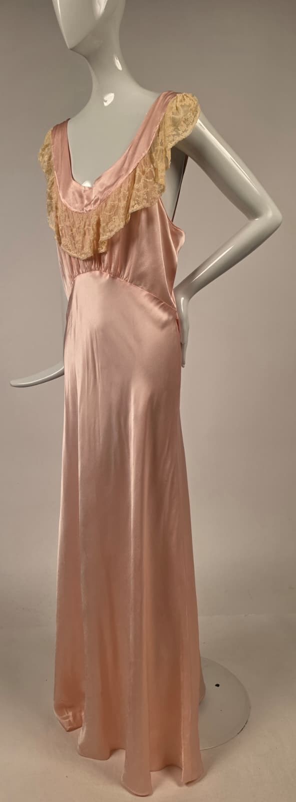 1930s Pink Satin Slip Dress with Ivory Ruffle Lace Top