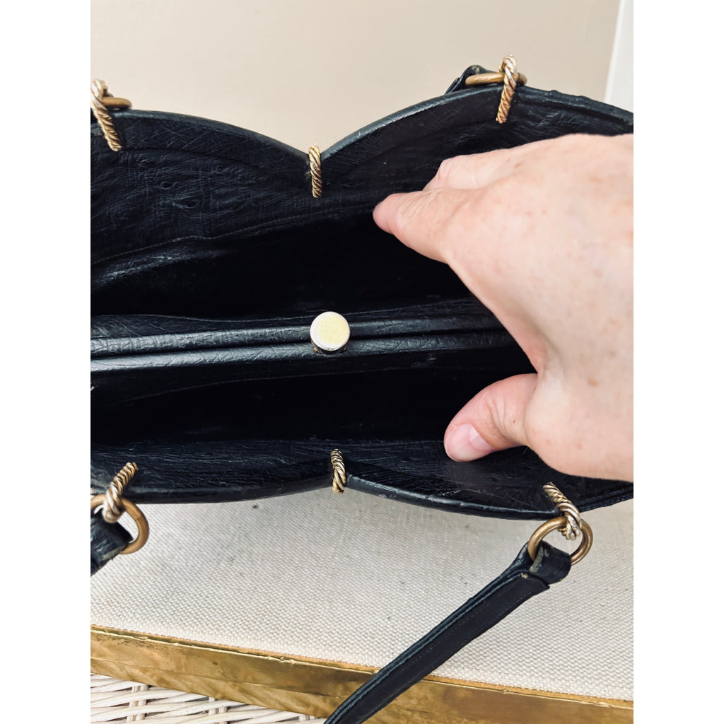 I. Magnin 1950s Genuine Ostrich Skin Handbag Black
