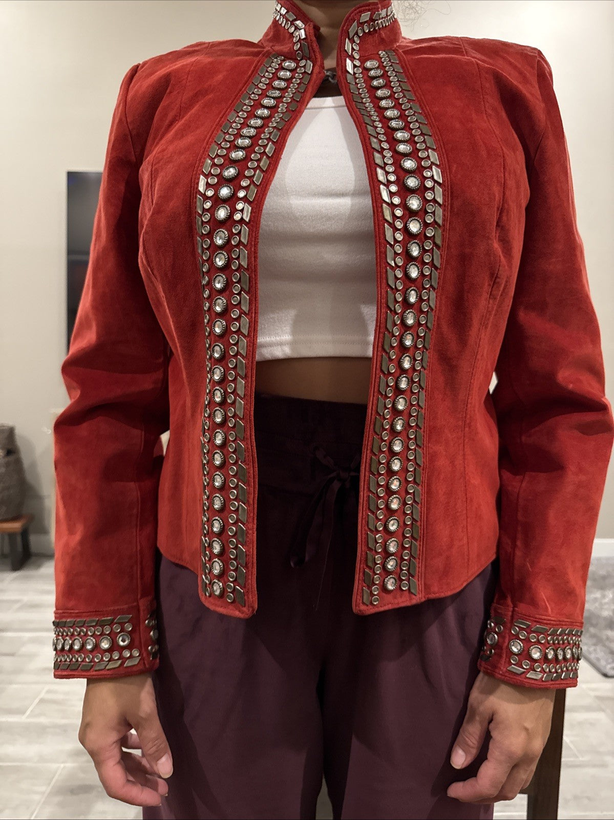Double D Ranch Embellished Red Leather Jacket Sz S