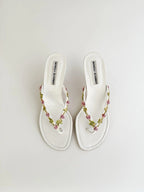 Manolo Blahnik White & Pink Floral Appliqué Leather Thong Sandal Heels
