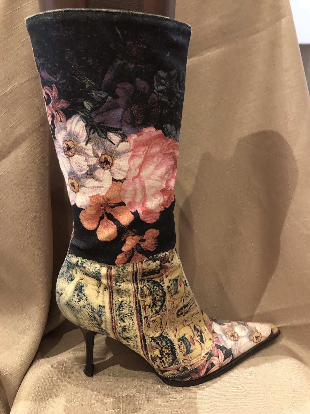 VINTAGE ROBERTO CAVALLI BOOTS PATCHWORK- STILETTO HEEL 71/2 Excellent Condition!