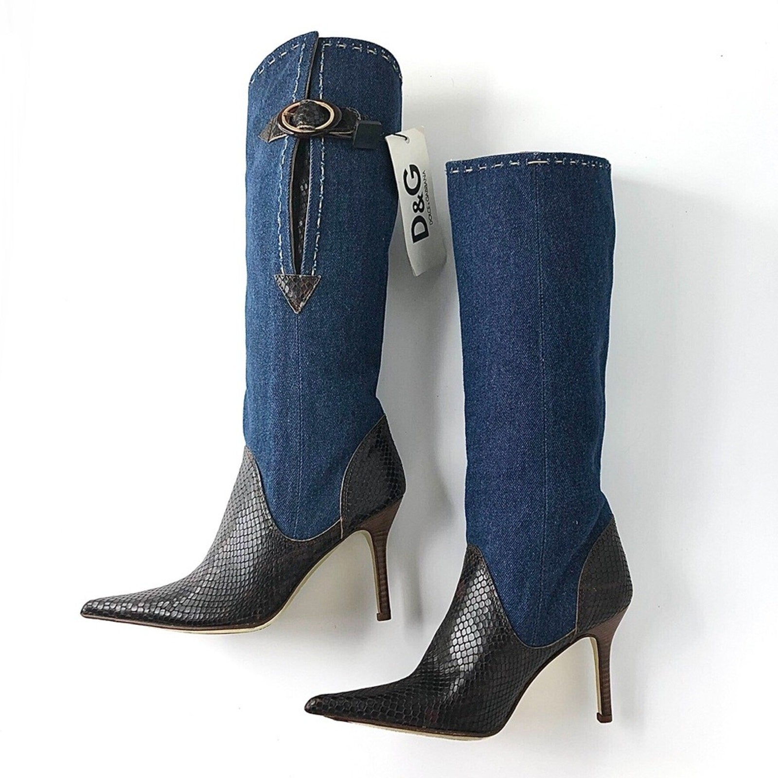 Vintage Dolce and Gabbana Denim Snakeskin Tall Pointed Toe Heeled Boots 35