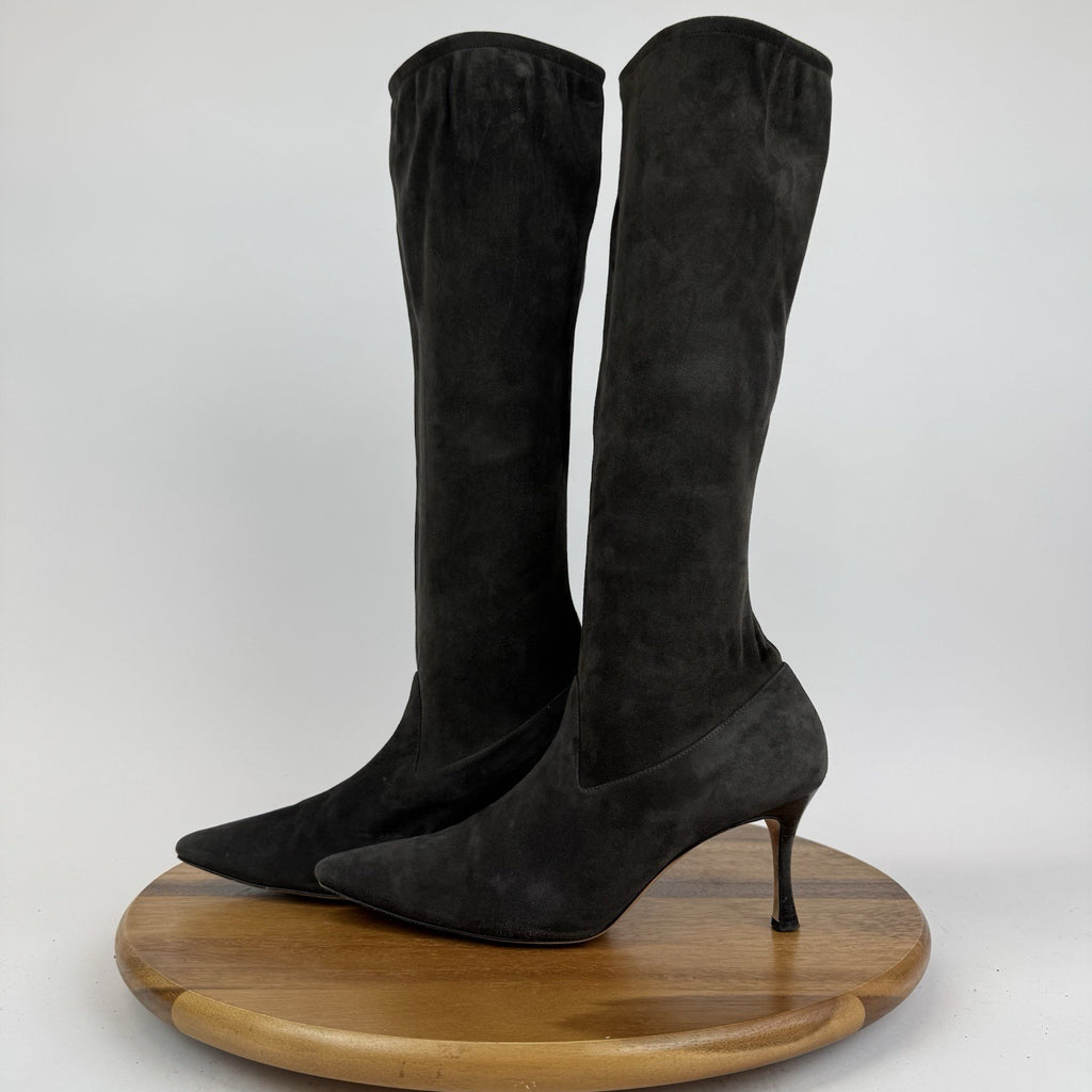 Womens Manolo Blahnik Pamfilo Stretch Gray Suede Pull On Stiletto Boots Size 40