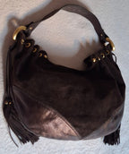 Francesco Biasia Brown Leather and Suede Medium Shoulder Bag with Tassels