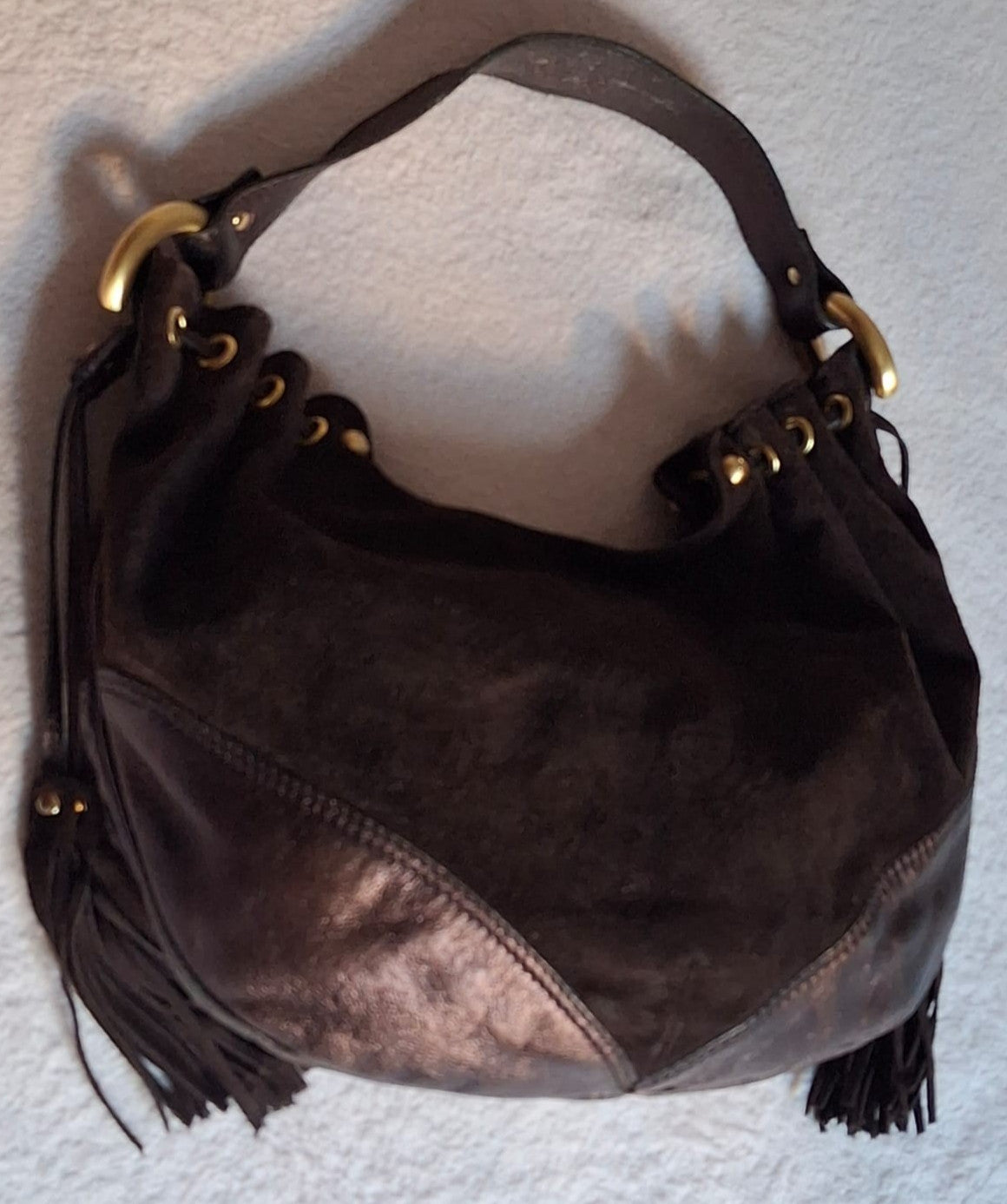 Francesco Biasia Brown Leather and Suede Medium Shoulder Bag with Tassels