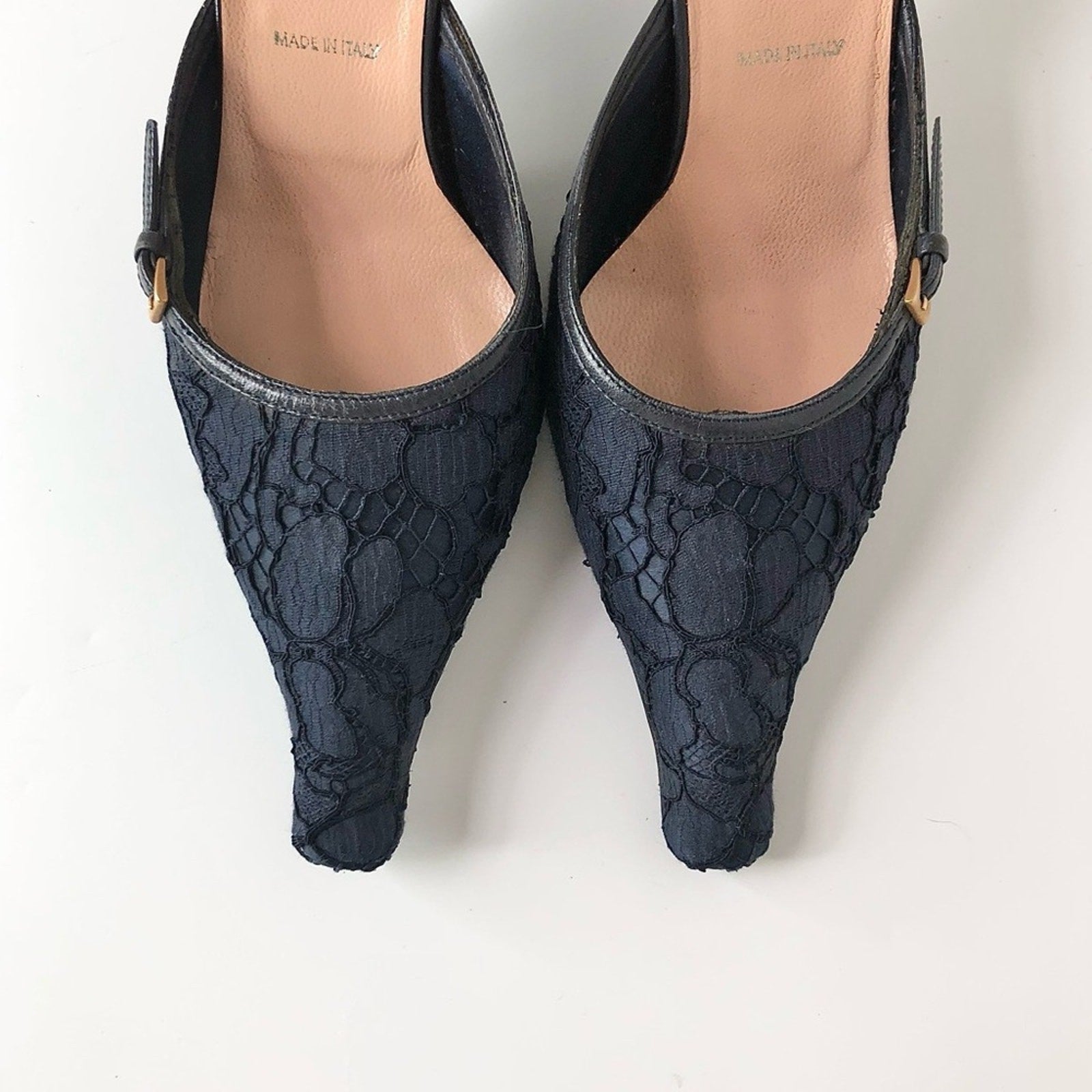 Prada Retro Vintage Buckle Lace Detail Pointed Toe Heeled Mules Pumps 39