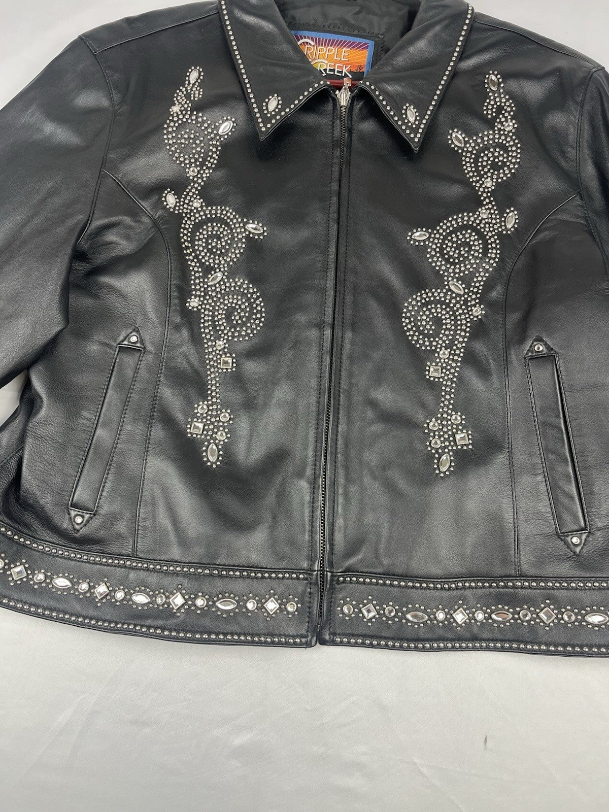 Cripple Creek Genuine Leather Studded Western Biker Jacket Black XXL