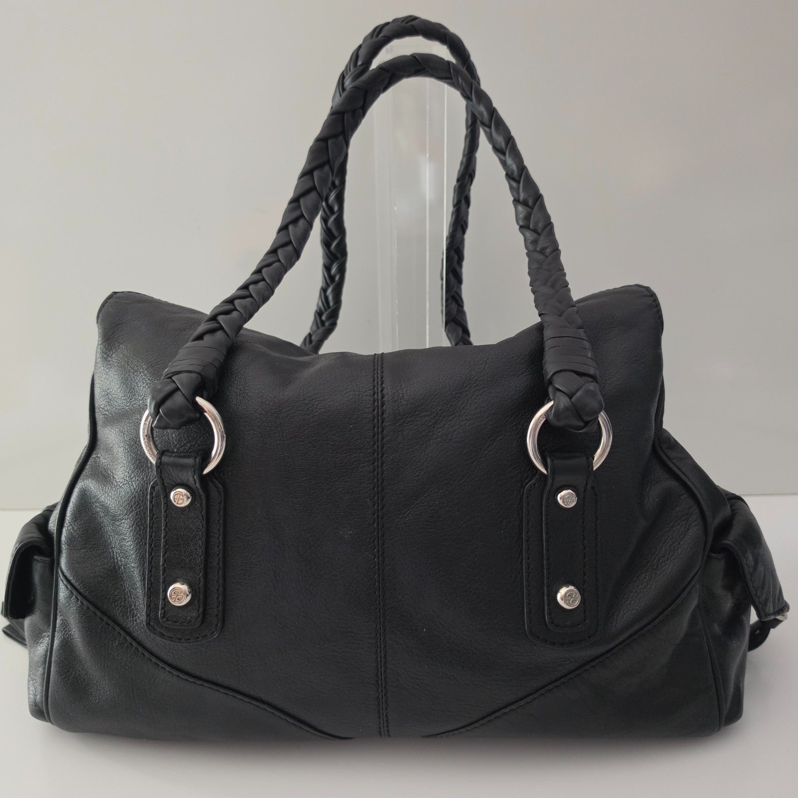 Francesco Biasia Large Black Leather Braided Shoulder Bag