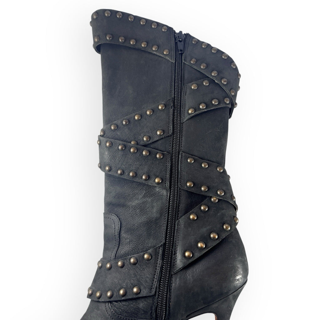 Manolo Blahnik YKK Mid Calf Strap Studded Leather Black Boots Stilettos -  38