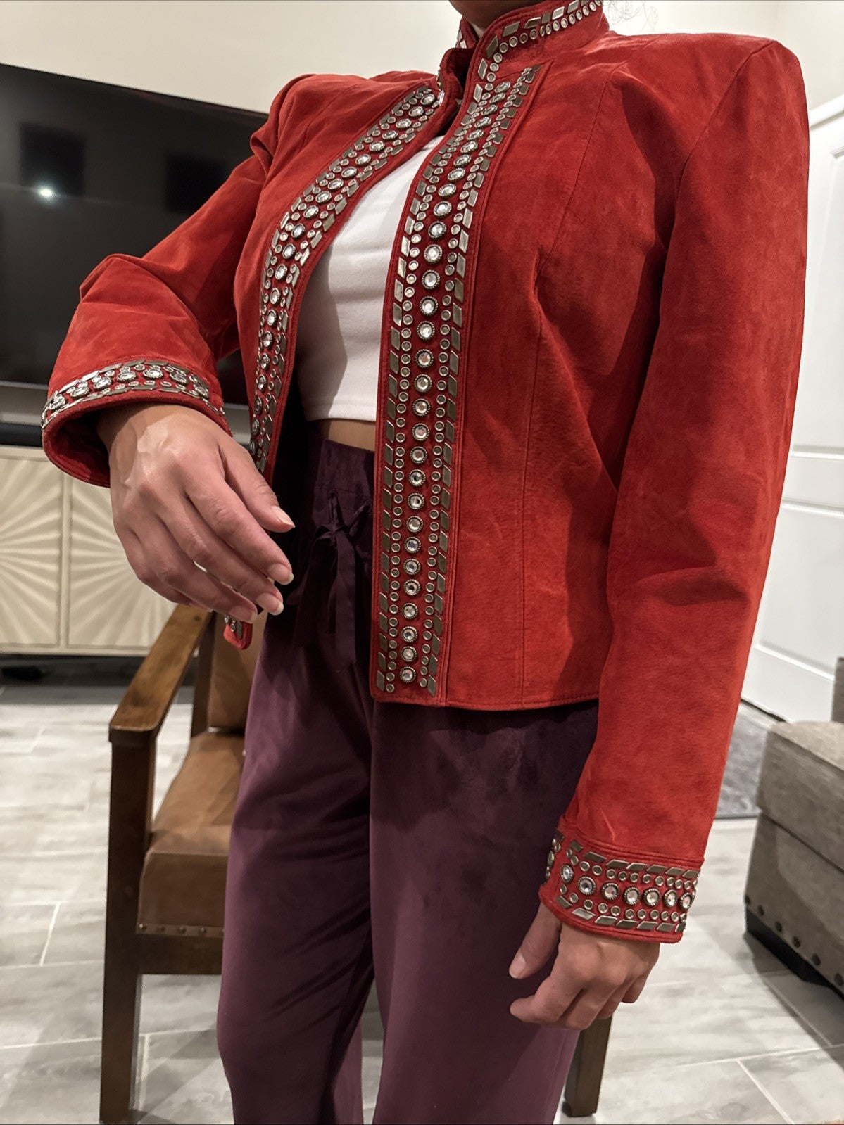 Double D Ranch Embellished Red Leather Jacket Sz S