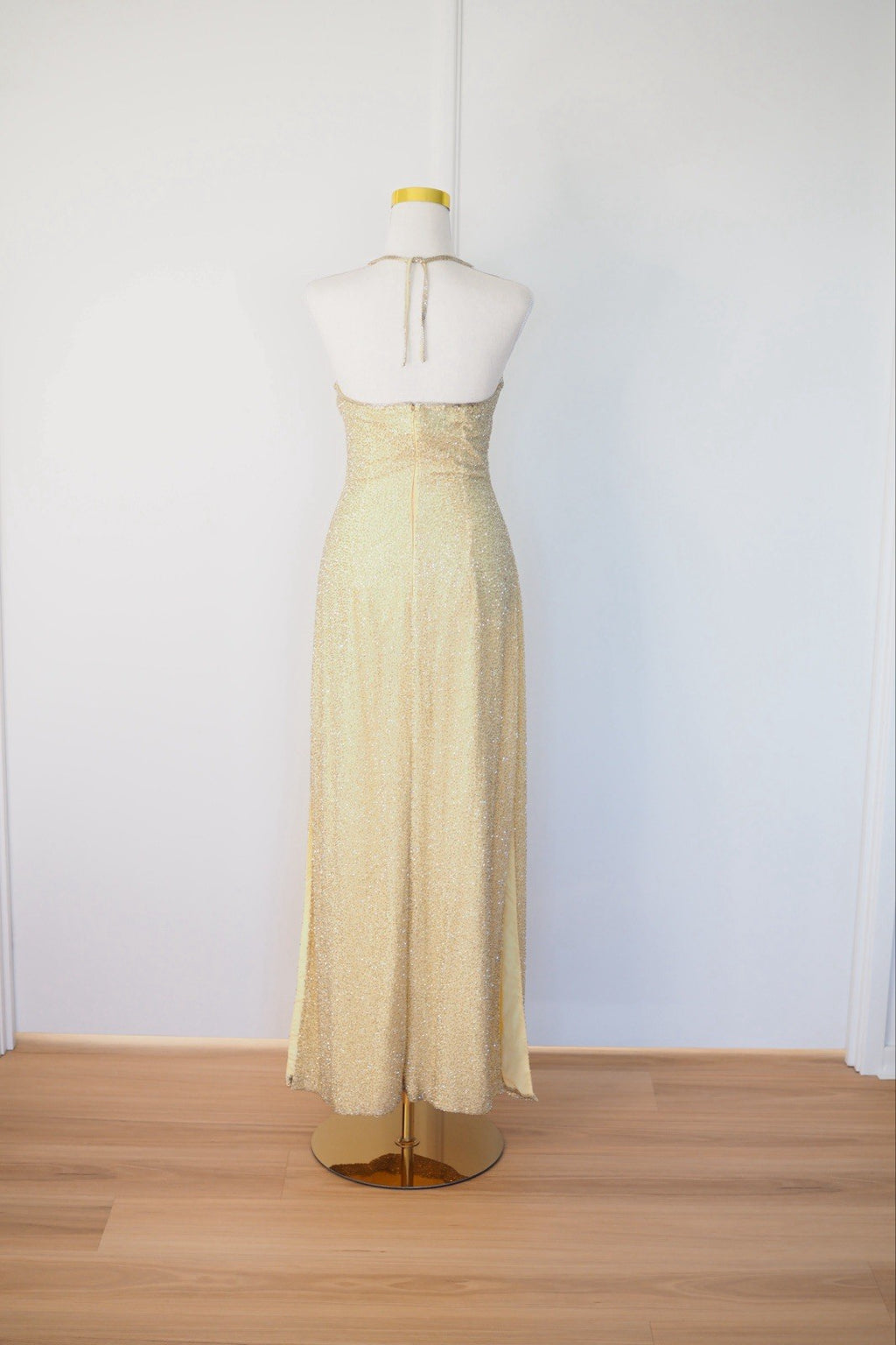 Vintage 90s Gold Beaded Sequin Silk Halter Gown Size S