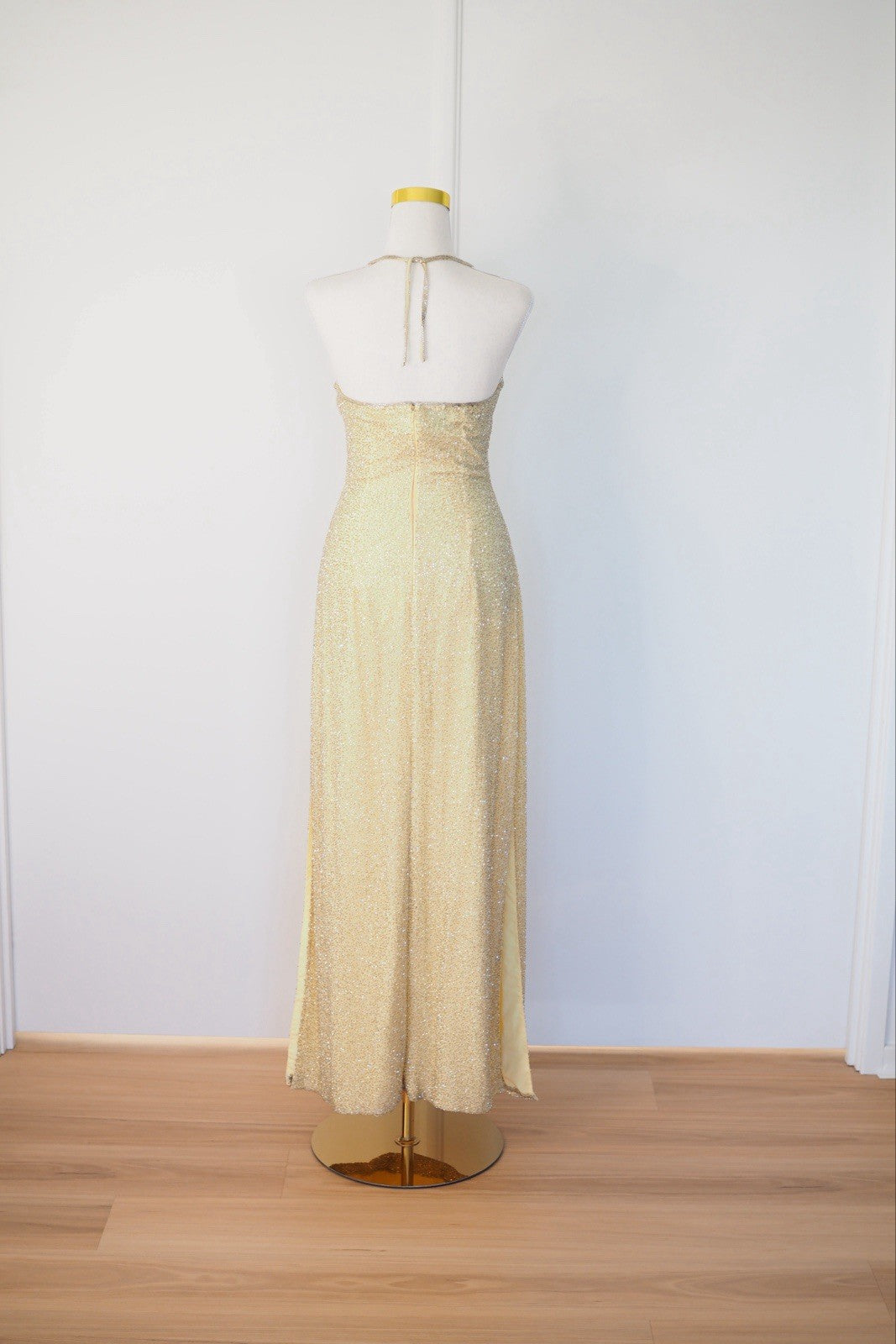 Vintage 90s Gold Beaded Sequin Silk Halter Gown Size S