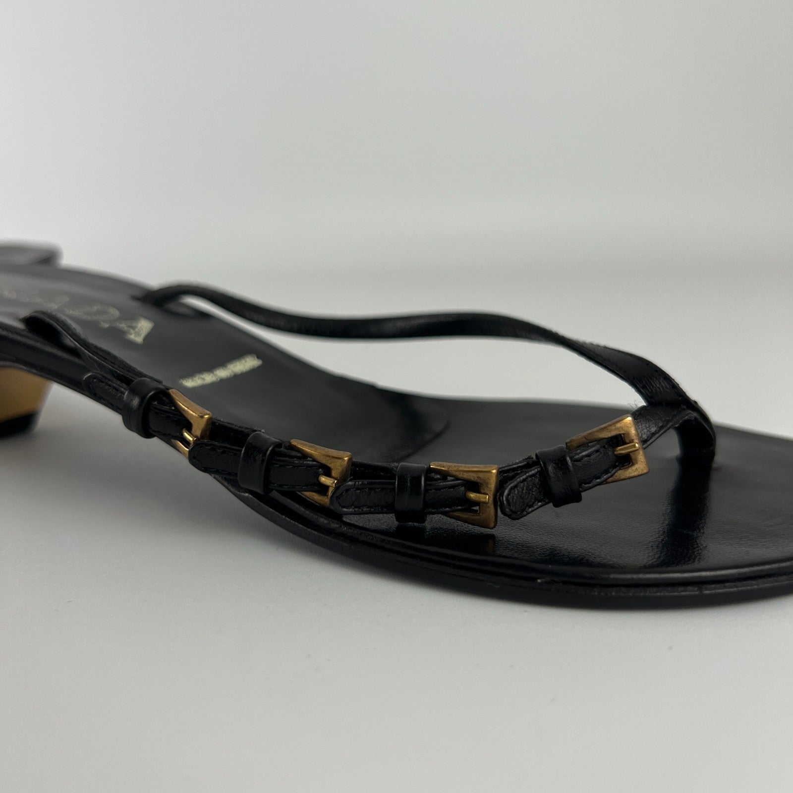 Prada | Auth Vintage Black Leather Gold Buckle Thong Kitten Heels (34.5)