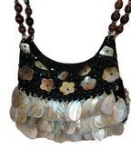 Vintage Black Satin Handbag With mother-of-pearl Shell Fringe & Beads Small 6X7"