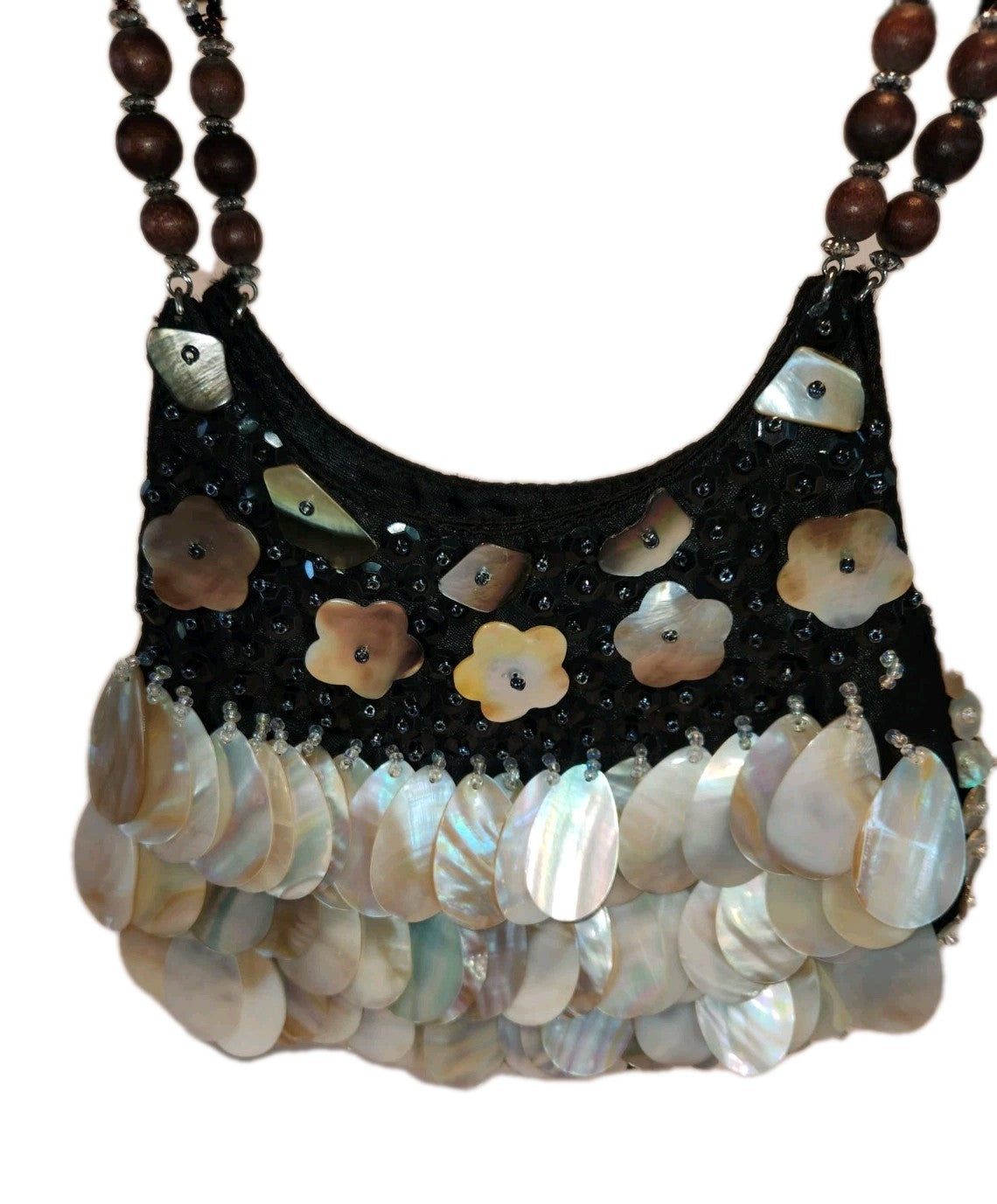 Vintage Black Satin Handbag With mother-of-pearl Shell Fringe & Beads Small 6X7"