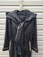 Vintage Y2K Black Leather Coat with Fox Fur Collar and Cuffs