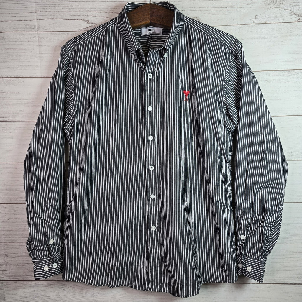 AMI Alexandre Mattiussi Striped Cotton Button Shirt Mens Sz XL Slim Fit Black