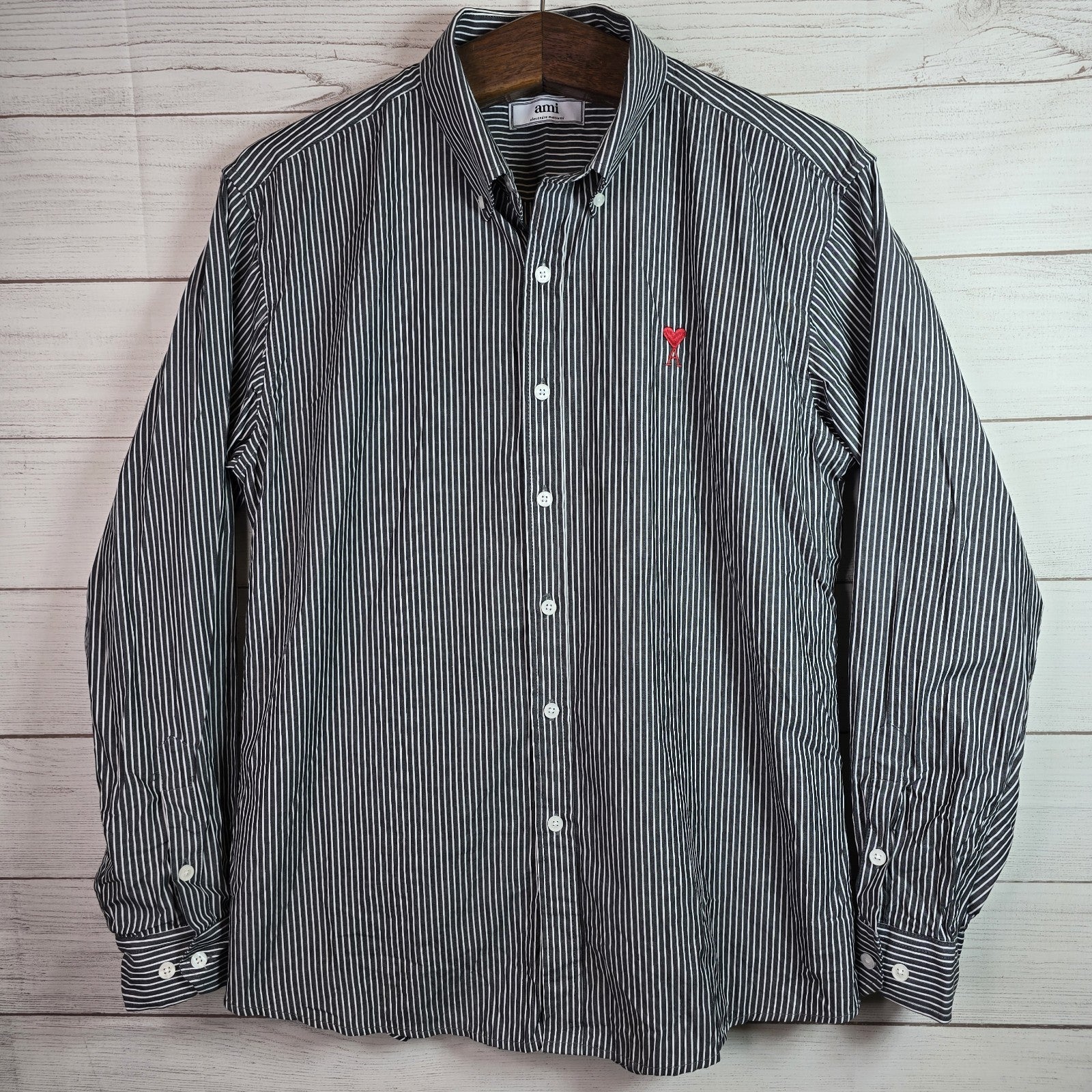 AMI Alexandre Mattiussi Striped Cotton Button Shirt Mens Sz XL Slim Fit Black