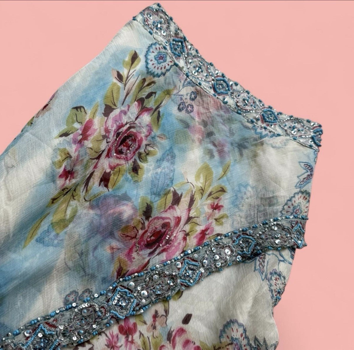 René Derhy Blue Floral Embellished Top and Skirt Set