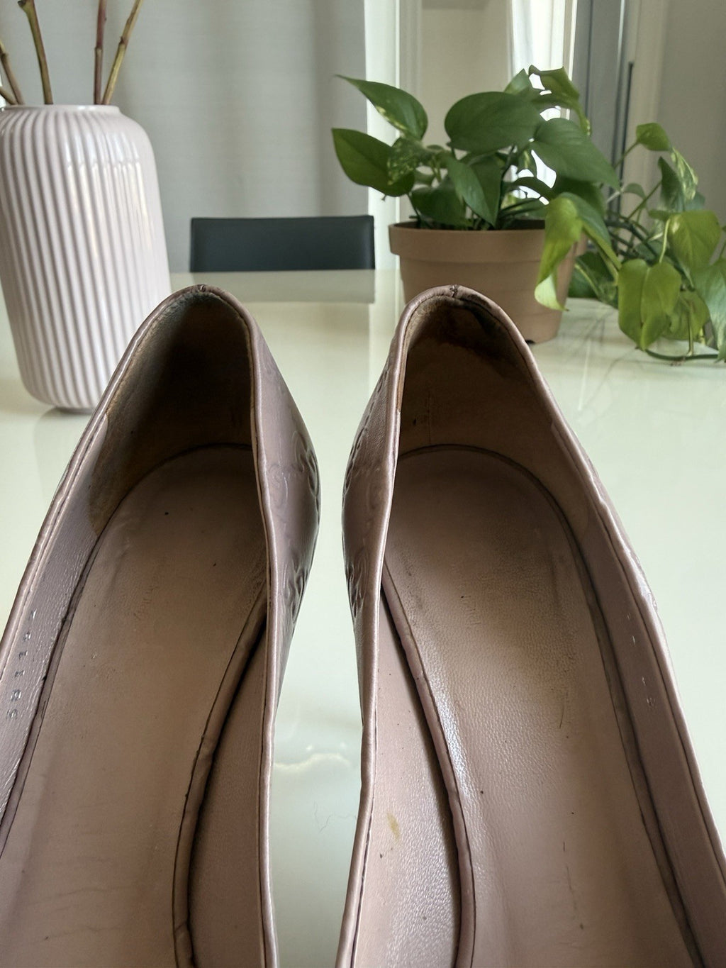 Gucci GG Monogram Leather Peep Toe Stiletto Heels EU 36
