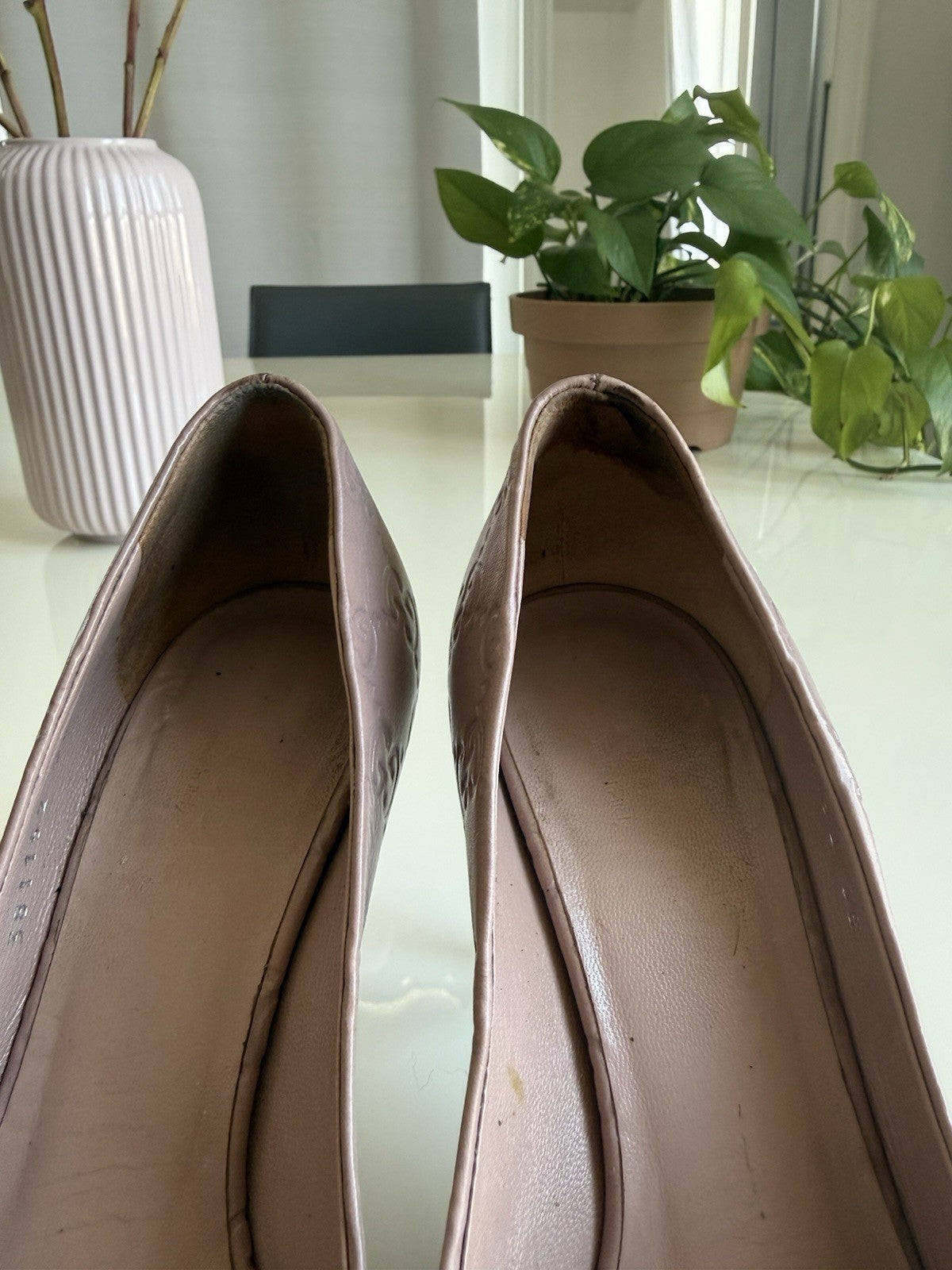 Gucci GG Monogram Leather Peep Toe Stiletto Heels EU 36