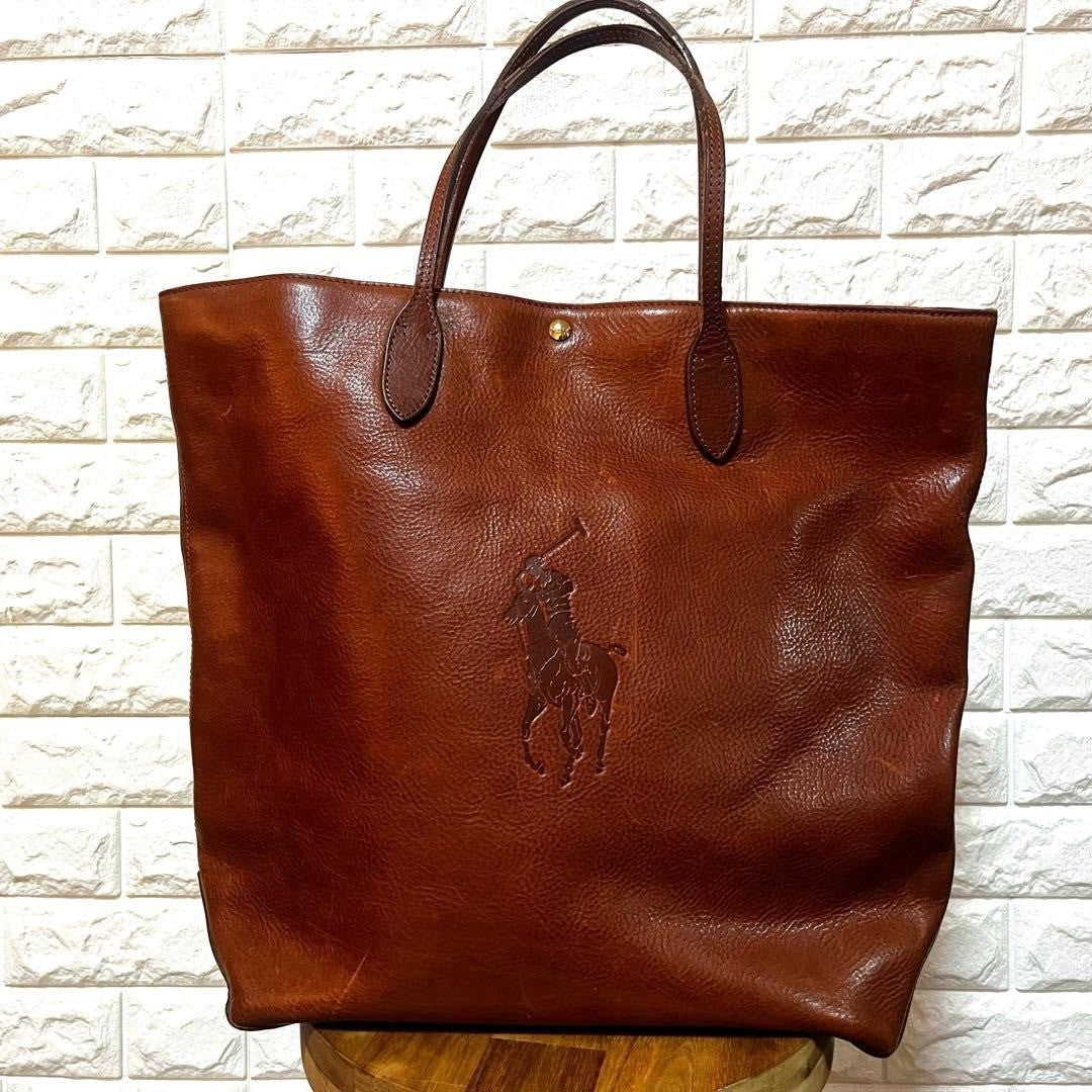 Polo Ralph Lauren Vintage Big Pony Embossed Leather Tote Bag Brown Large