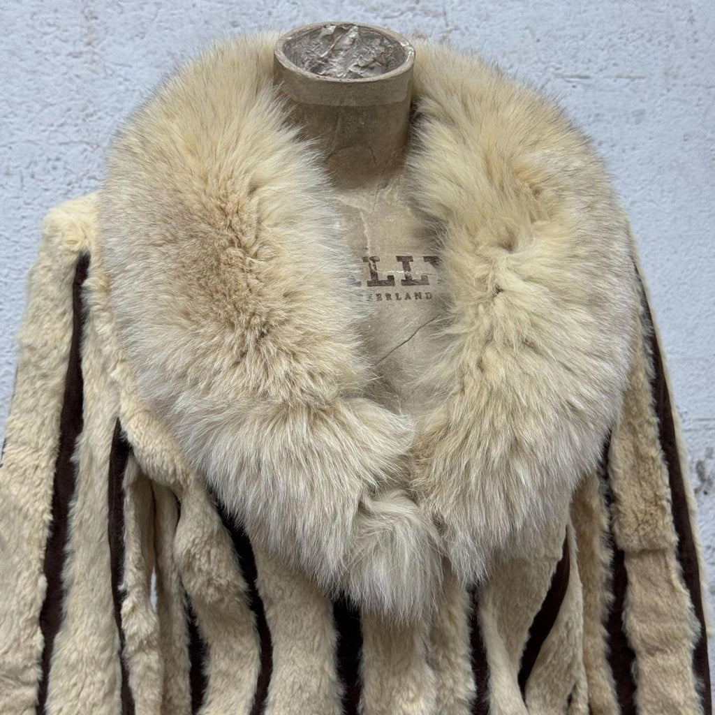 Vintage Y2K Striped Rabbit Fur and Suede Jacket with Fox Collar