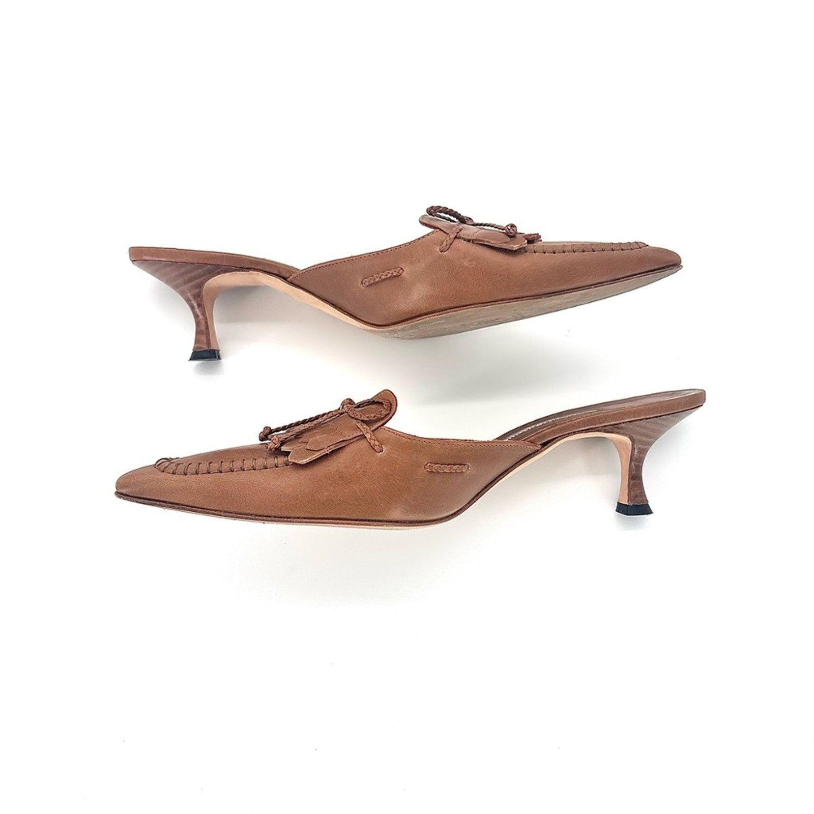 Vintage Manolo Blahnik  Bow Fringe Detail Pointed Toe Kitten Heel Mules 39.5