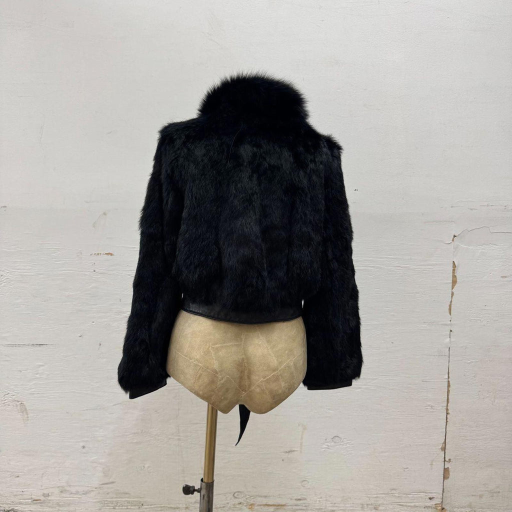 Vintage Y2K Cropped Satin Waist Tie Rabbit Fur and Leather Jacket