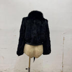 Vintage Y2K Cropped Satin Waist Tie Rabbit Fur and Leather Jacket