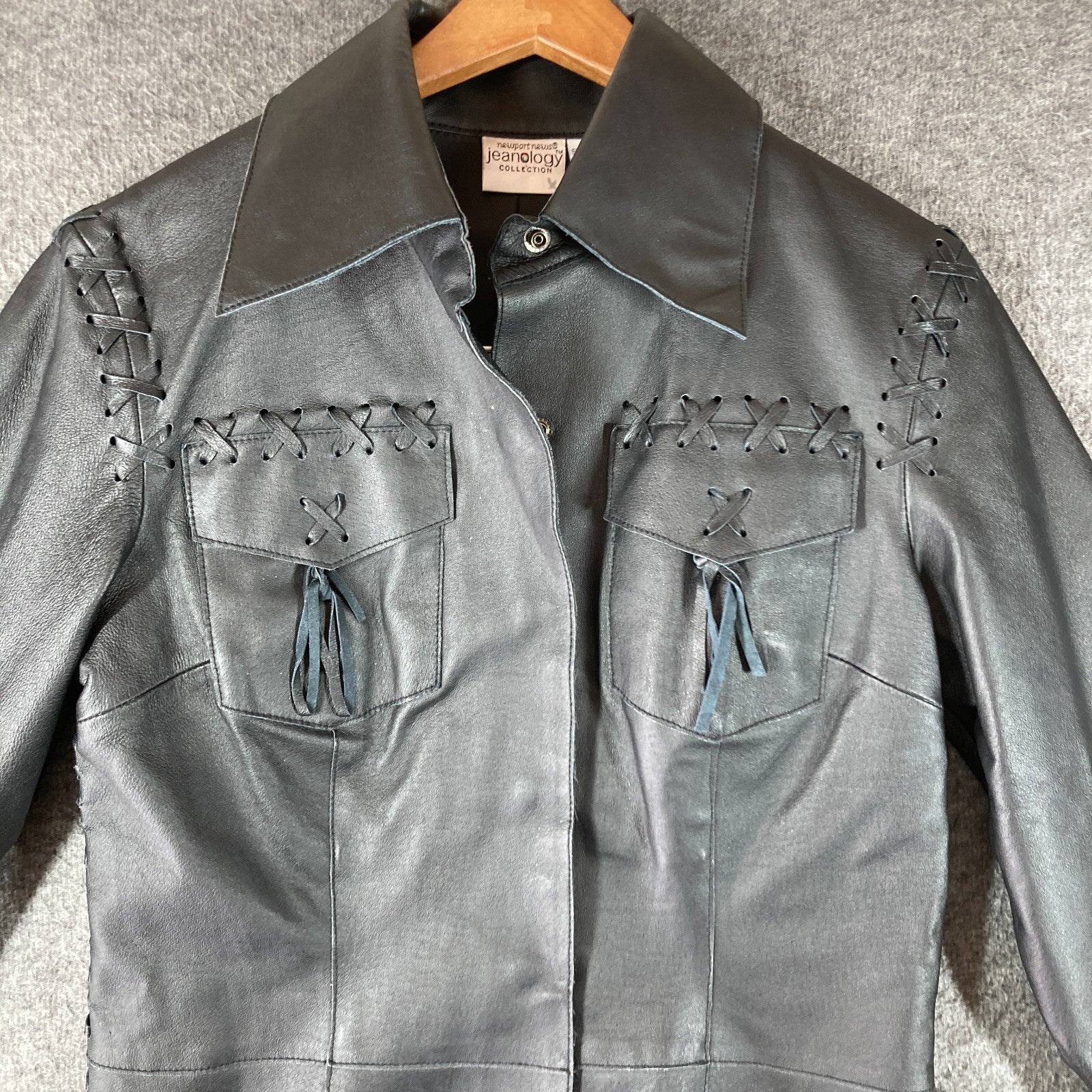 Vintage Newport News Leather Biker Shirt Womens 4 Black Lace Up Detail Snap