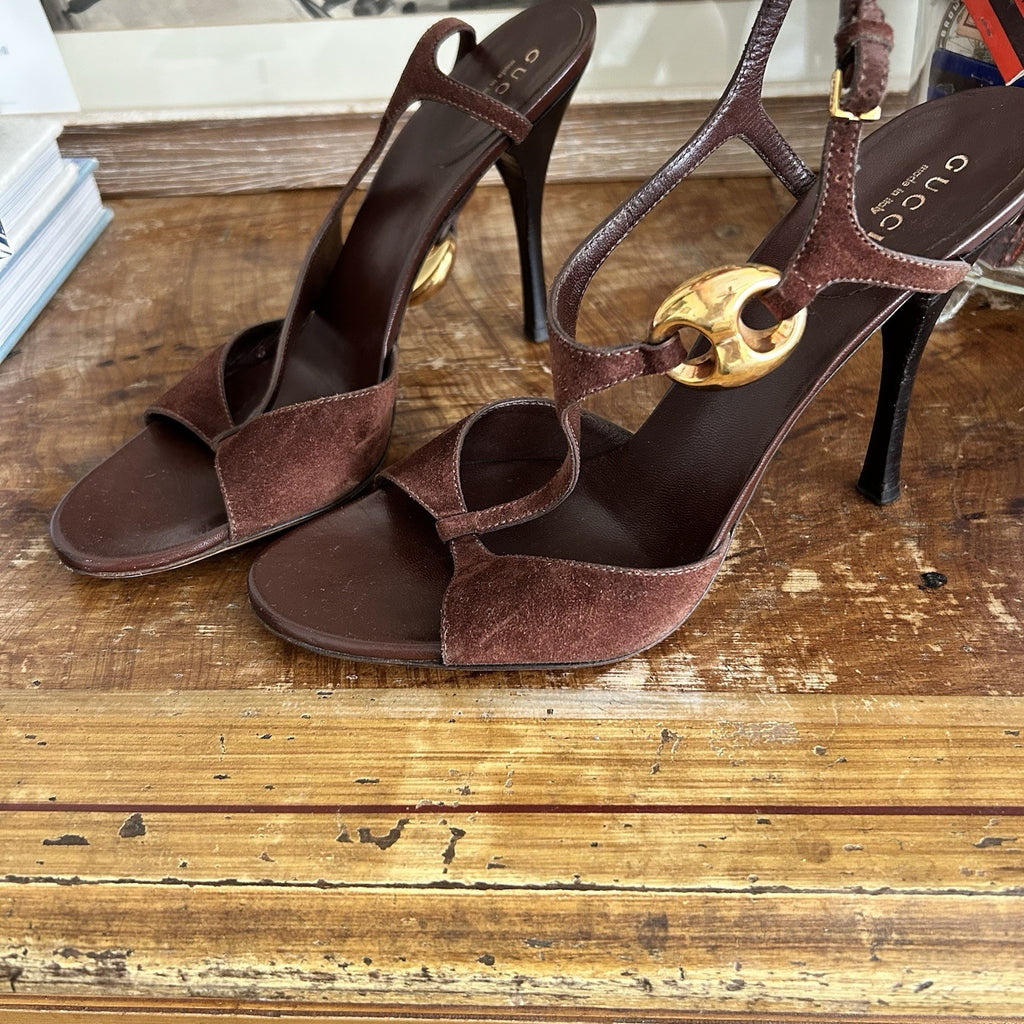 Vintage Gucci Brown Suede Heels with Gold Hardware Tom Ford 1990s Era