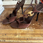Vintage Gucci Brown Suede Heels with Gold Hardware Tom Ford 1990s Era
