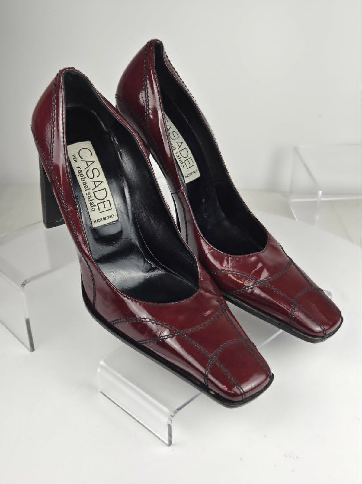 Vintage Casadei Red Patent Leather Block Heel Square Toe Pumps - Size 9