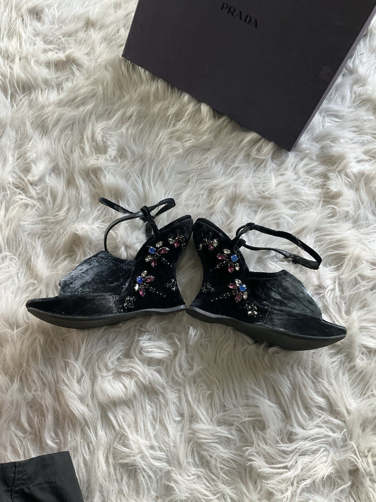 Prada Velvet Wedge Platform with Crystal Beads